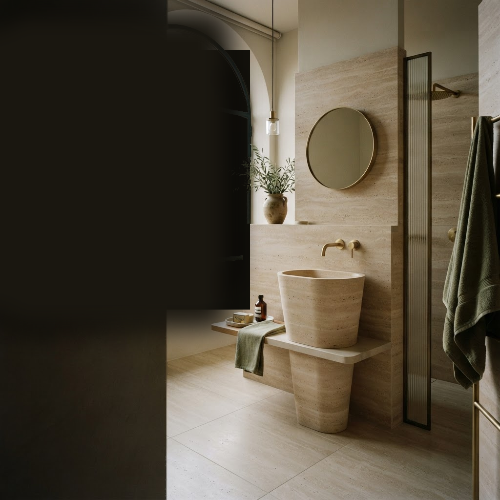 Bagno in travertino con lavabo a colonna — Candelart Firenze